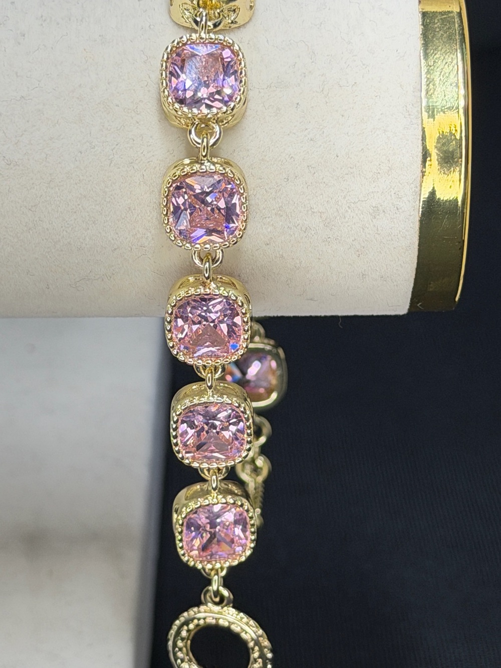 18k triple plated gold, all pink crystal toggle bracelet. SZ 7-8